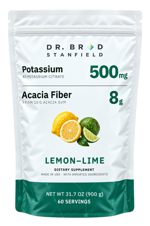 Potassium Fiber lemon and lime drink pouch, front of pack