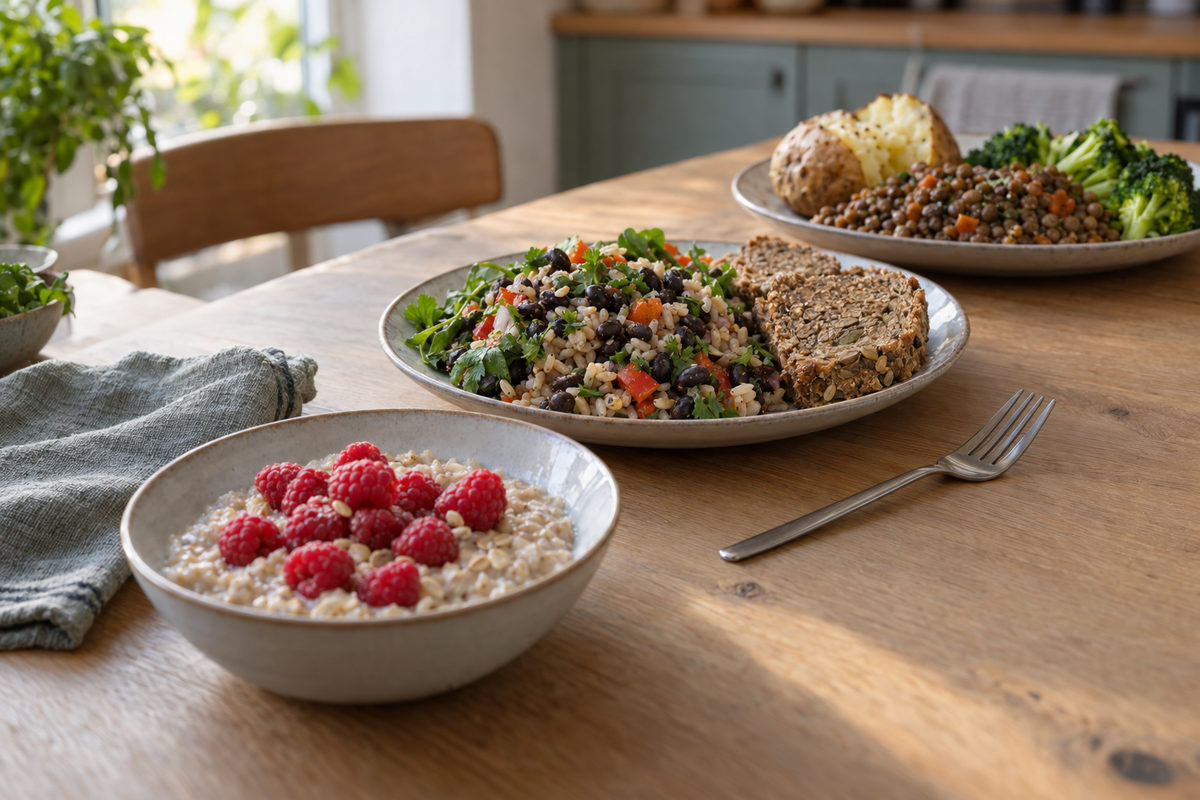 Three prepared meals on a wooden kitchen table in morning light: a bowl of oatmeal topped with raspberries, a plate of black bean and barley salad beside seeded whole-grain bread, and a plate of lentils, broccoli and a split baked potato