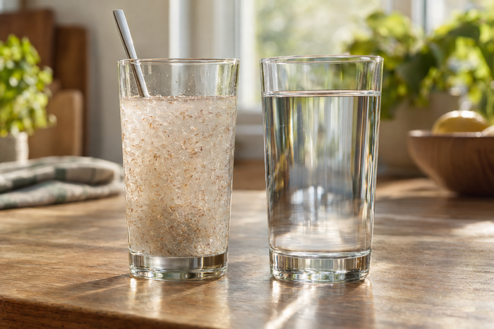 Two glasses of water side by side on a wooden counter. The left glass holds a thick cloudy mixture with coarse husk suspended through it. The right glass is clear and thin.