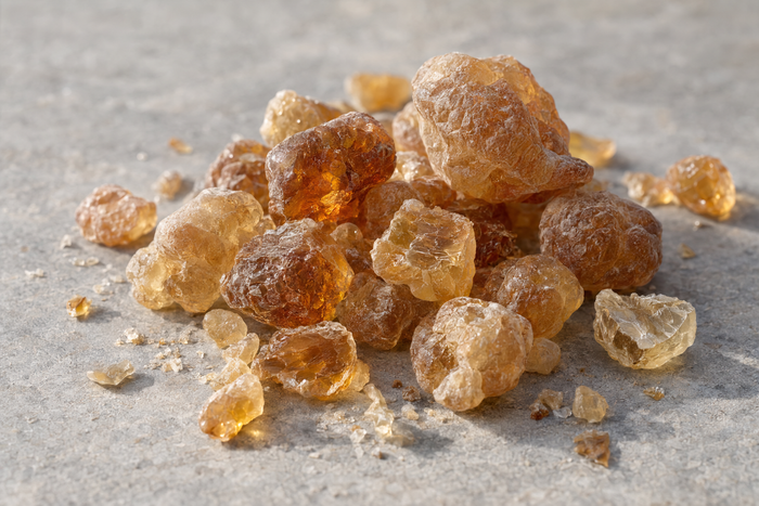 A scattered heap of raw gum arabic nodules on pale gray stone, irregular amber and honey-colored lumps from pea to walnut size, several broken open to show a glassy fracture