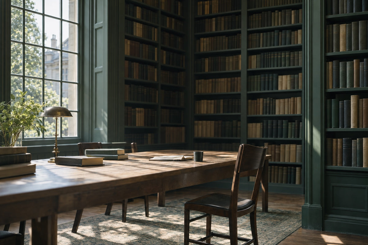 A long wooden reading table beneath a tall window in an old library, an empty chair pushed back, and floor to ceiling shelves of thick bound volumes behind it