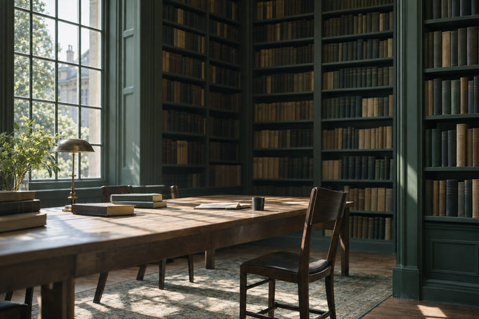 A long wooden reading table beneath a tall window in an old library, an empty chair pushed back, and floor to ceiling shelves of thick bound volumes behind it