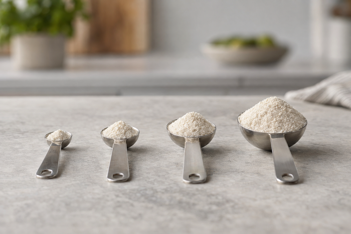 Four stainless steel measuring spoons in a row on a pale stone counter, each holding a heap of off-white powder, the heaps growing larger from left to right.