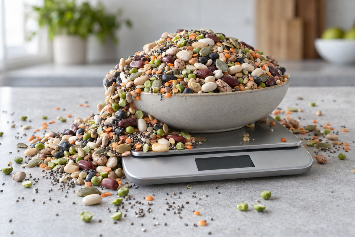 A bowl on a digital kitchen scale heaped far past its rim with mixed dried beans, lentils and seeds, spilling over and scattering across the counter.