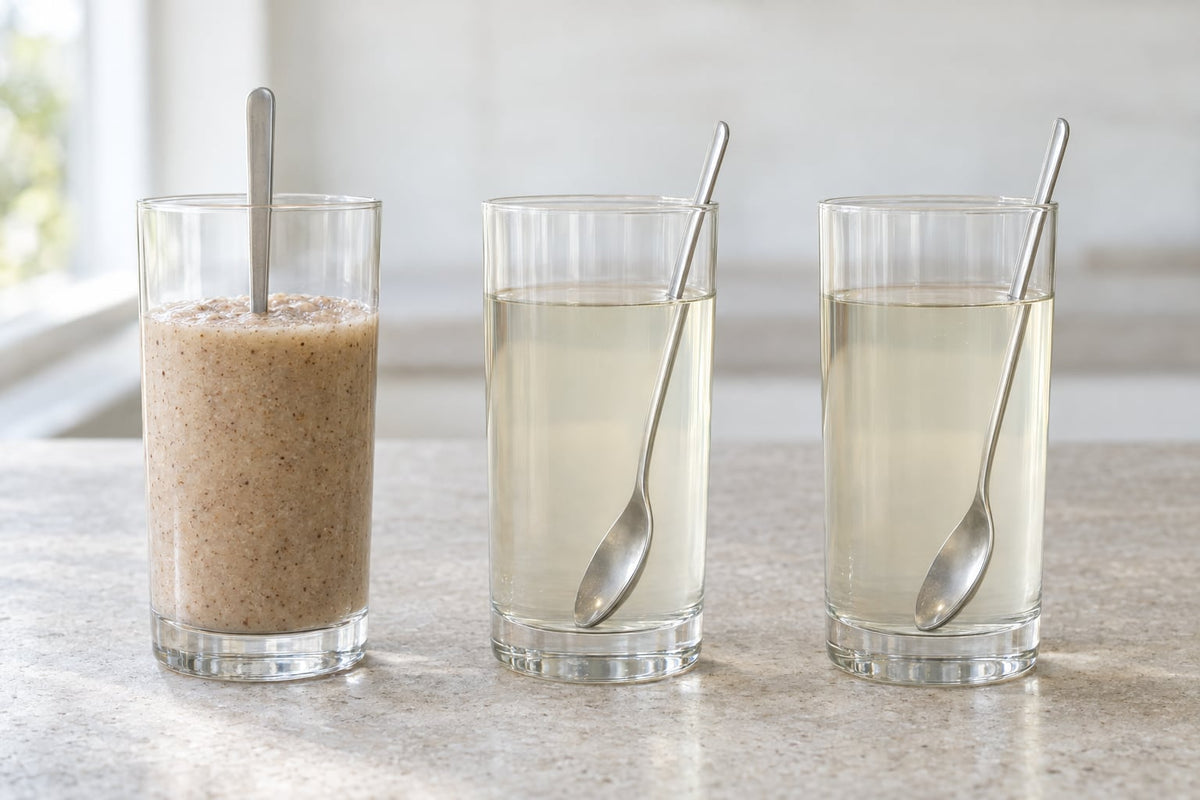 Three glasses on a pale stone counter. The left holds an opaque beige psyllium gel flecked with husk, firm enough to hold a spoon upright. The other two hold thin, pale, slightly hazy liquids that look alike, their spoons leaning at the same angle.