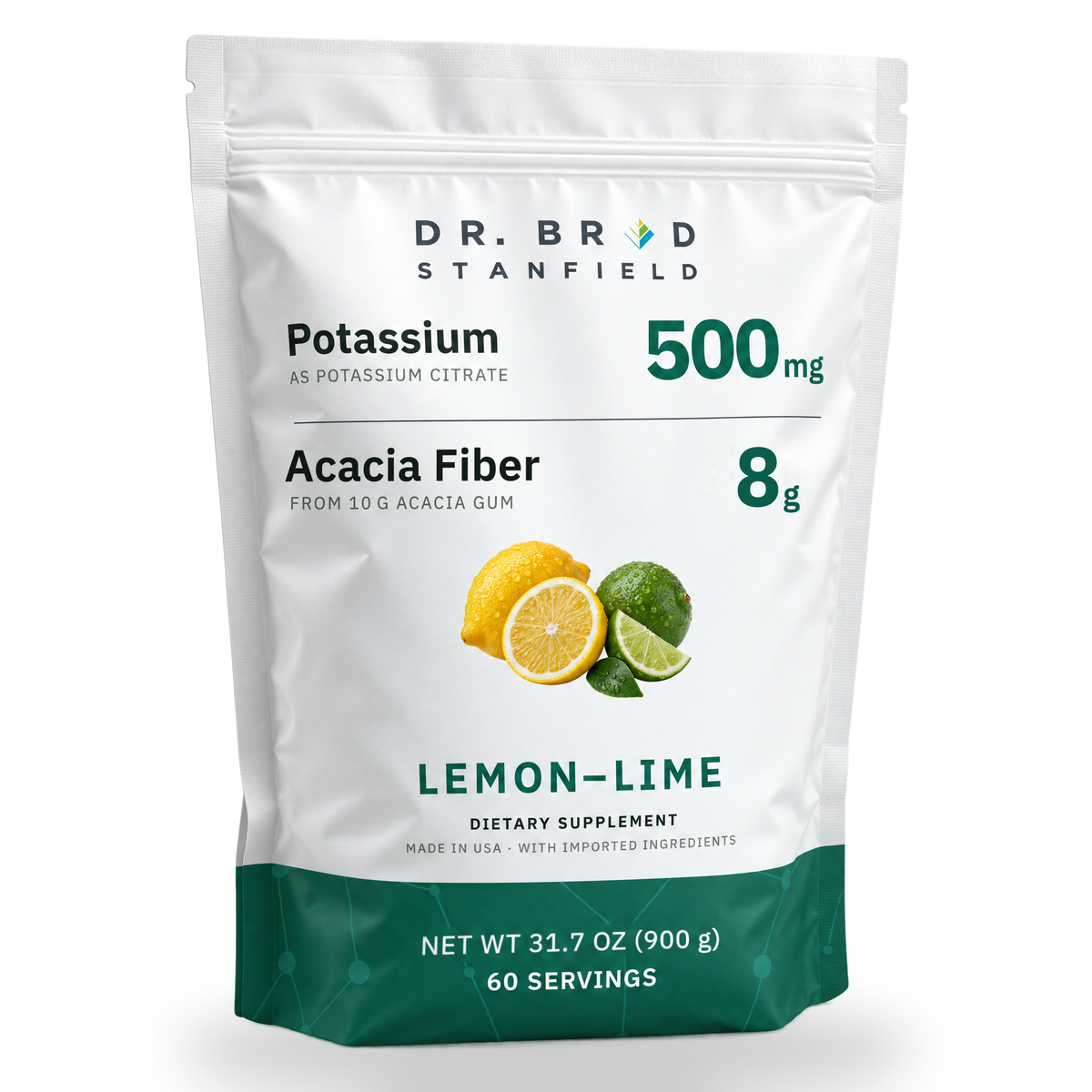 Potassium Fiber lemon and lime drink pouch, front of pack