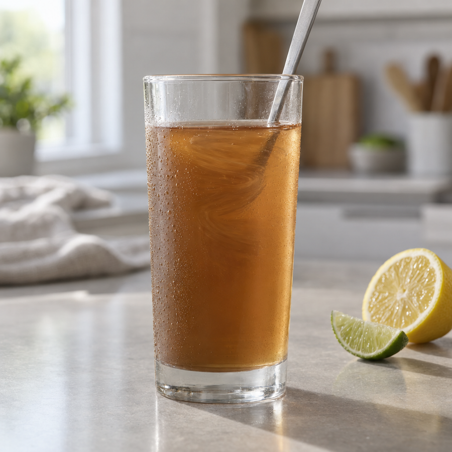 A glass of Potassium Fiber stirred into water on a kitchen counter