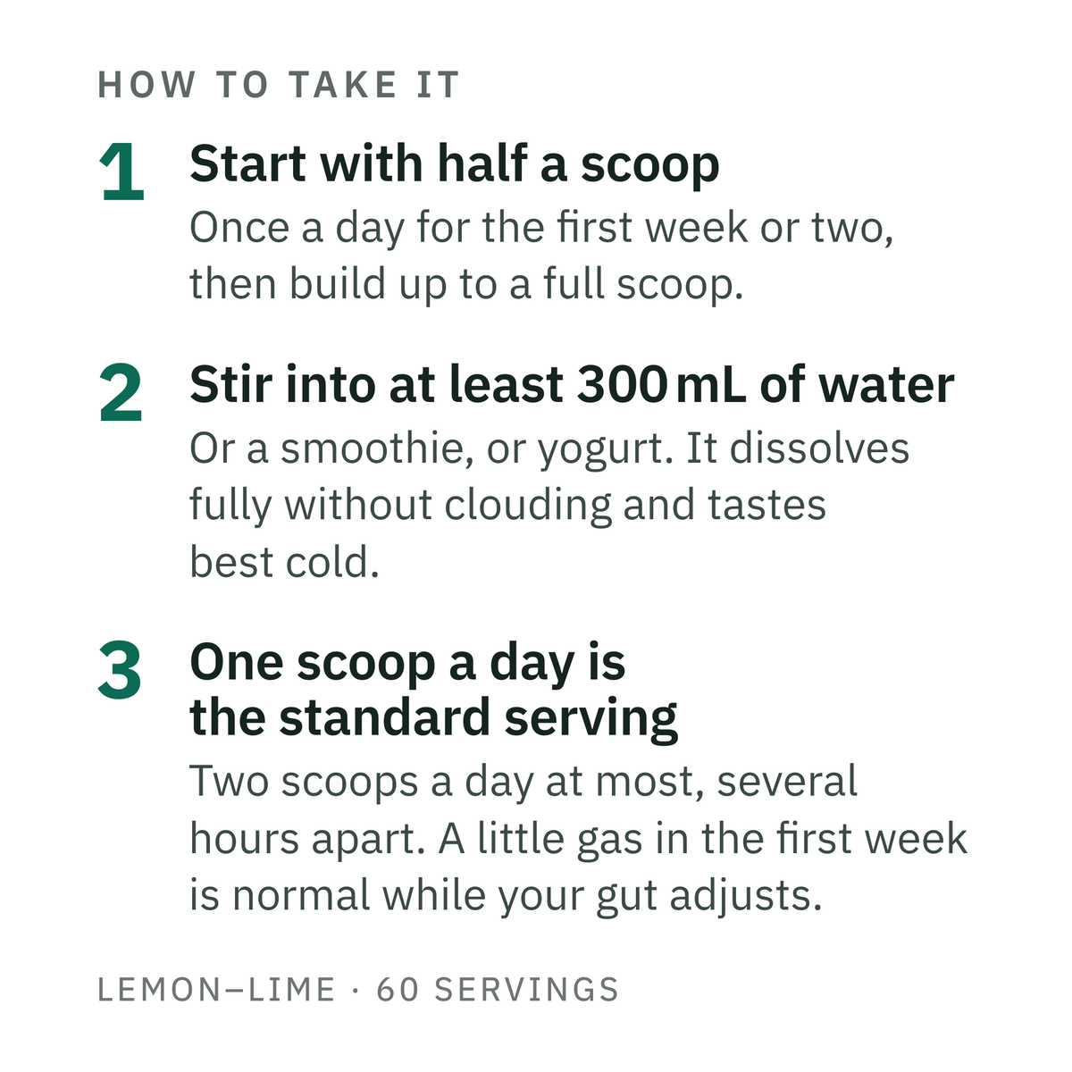 How to take it, in three steps. First, start with half a scoop once a day for the first week or two, then build up to a full scoop. Second, stir it into at least 300 mL of water, or a smoothie, or yogurt. It dissolves fully without clouding and tastes best cold. Third, one scoop a day is the standard serving. Two scoops a day at most, several hours apart. A little gas in the first week is normal while your gut adjusts.