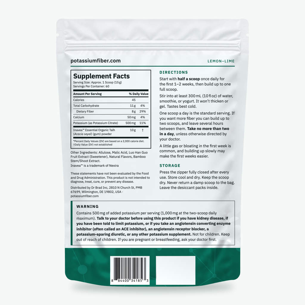 Back of the Potassium Fiber pouch, showing the Supplement Facts panel, directions and the potassium warning