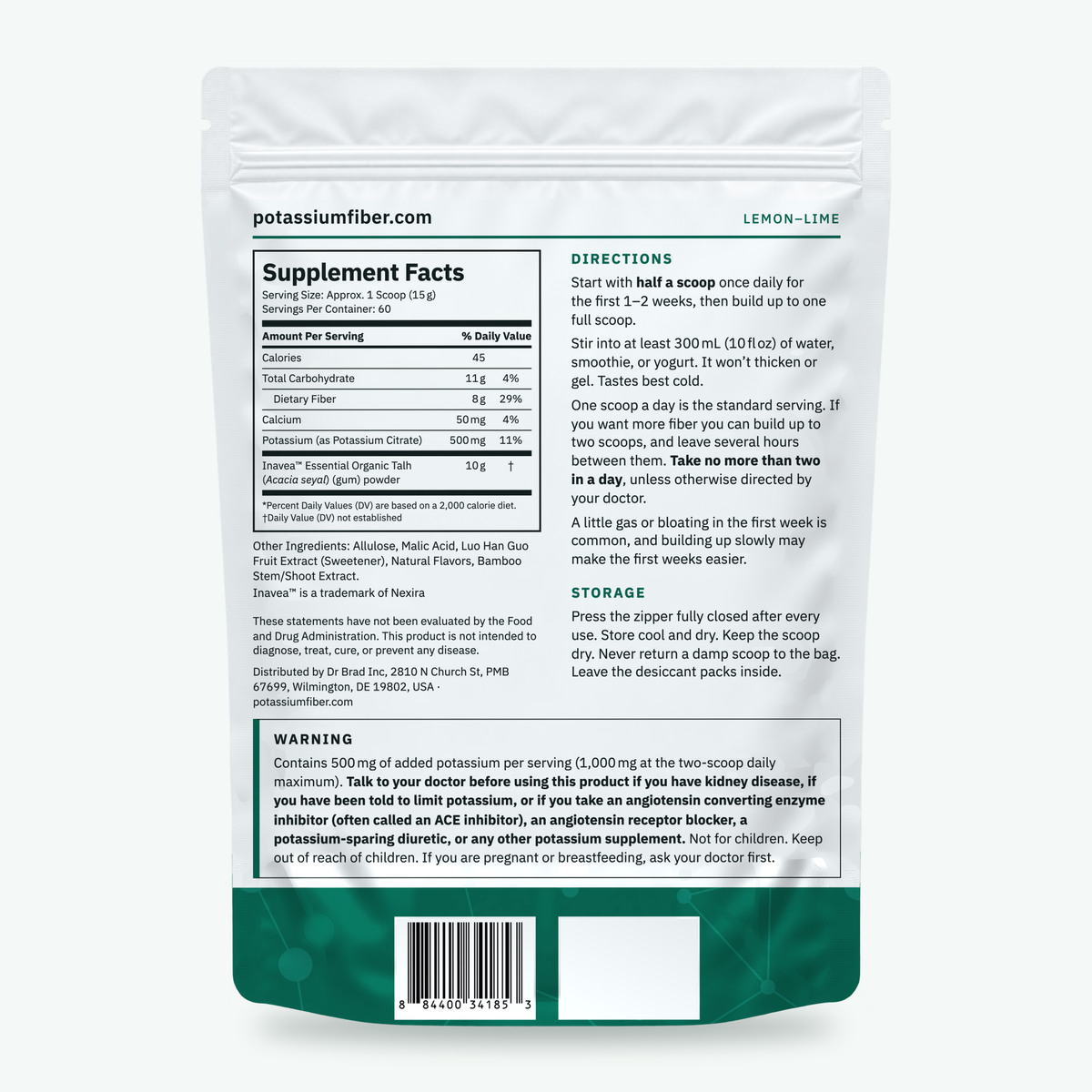 Back of the Potassium Fiber pouch, showing the Supplement Facts panel, directions and the potassium warning