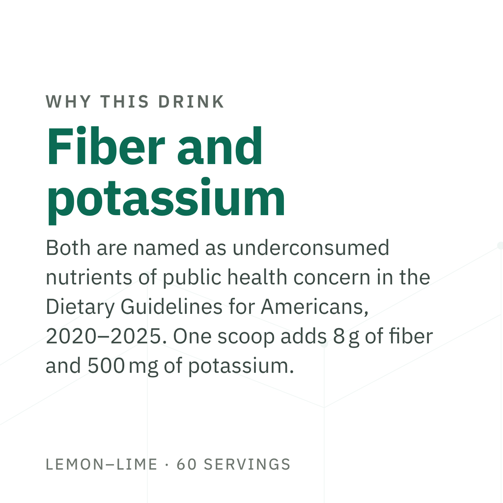 Fiber and potassium are both named as underconsumed nutrients of public health concern in the Dietary Guidelines for Americans, 2020–2025. One scoop adds 8 g of fiber and 500 mg of potassium.